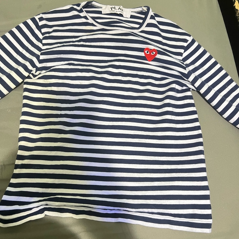 Comme des Garcons Kids Navy and White Striped Tee with Red Heart